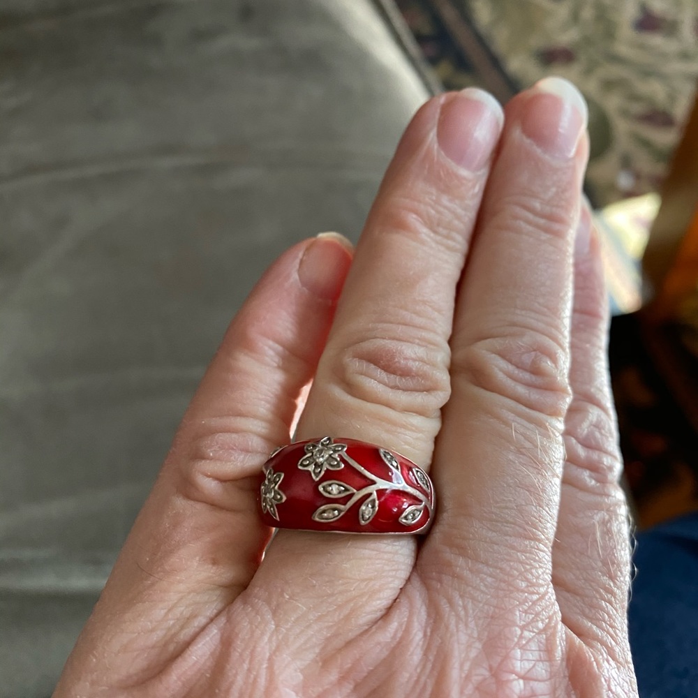 Red Enamel Silver Swirl Ring